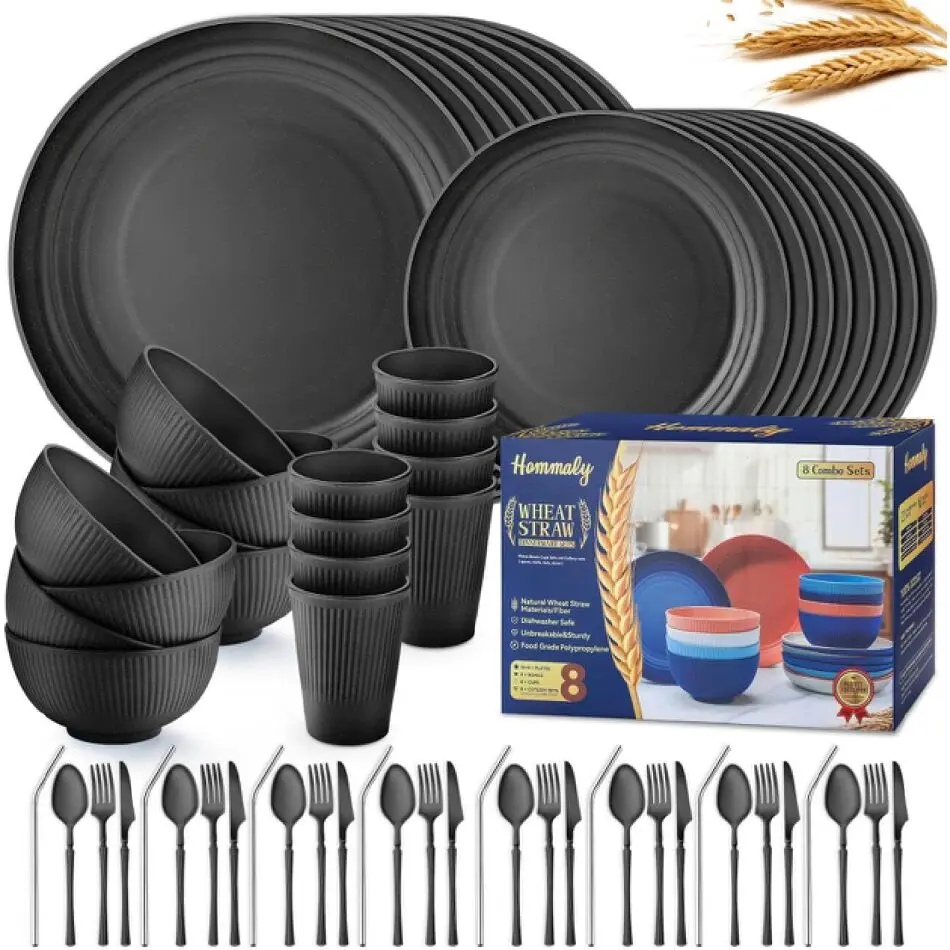 8-Person 64-Piece Wheat Straw Tableware Set - Sturdy, Round, Stylish Unbreakable Reusable Plastic Plates, Bowls, Cups, Cutlery, Microwavable & Dishwasher Safe for Home Dining