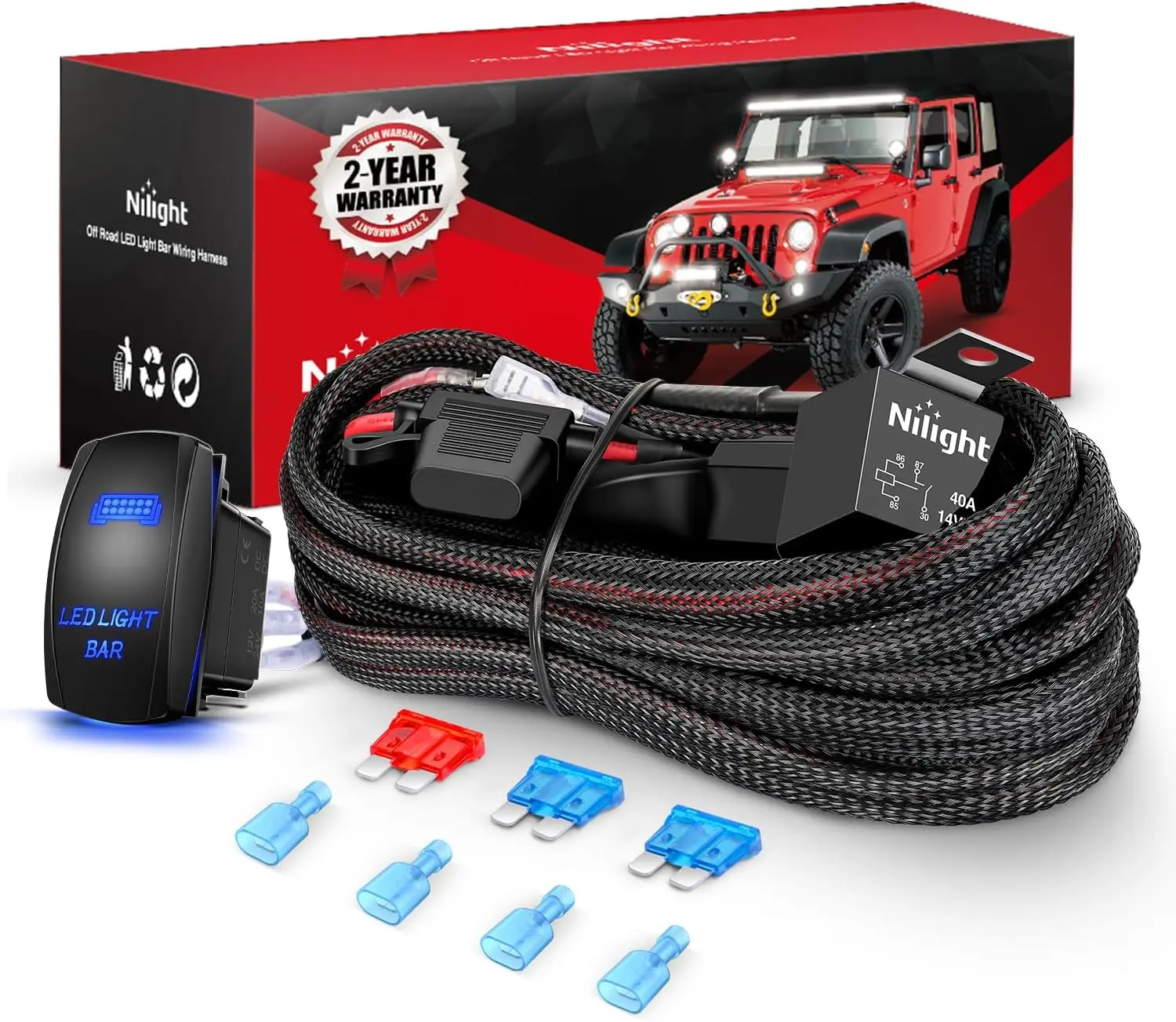 Nilight 16 AWG High-Temp Nylon Wiring Harness Kit – 2-Lead 12V LED Light Bar, 5-Pin Rocker Switch, Power Relay, Blade Fuse, Waterproof Cable for Automotive Car Accessories, Off-Road Auxiliary/Cab Lights, Led Car Ambient Light, Accessories For Car
