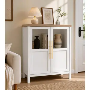 Add farmhouse warmth to any room with this two-door glass buffet cabinet. The white body contrasts with a natural wood top, featuring adjustable shelves, curved edges, and a compact 29-inch width.