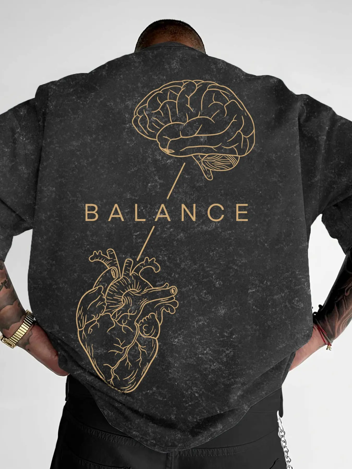 Men's "BALANCE" Brain & Heart Print Washed T-Shirt, Casual Streetwear Short Sleeve Tee, Minimalist Graphic Top, Menswear #BalanceTee #BrainHeartPrint #WashedStreetwear #MinimalistTShirt #TikTokMadeMeBuyIt