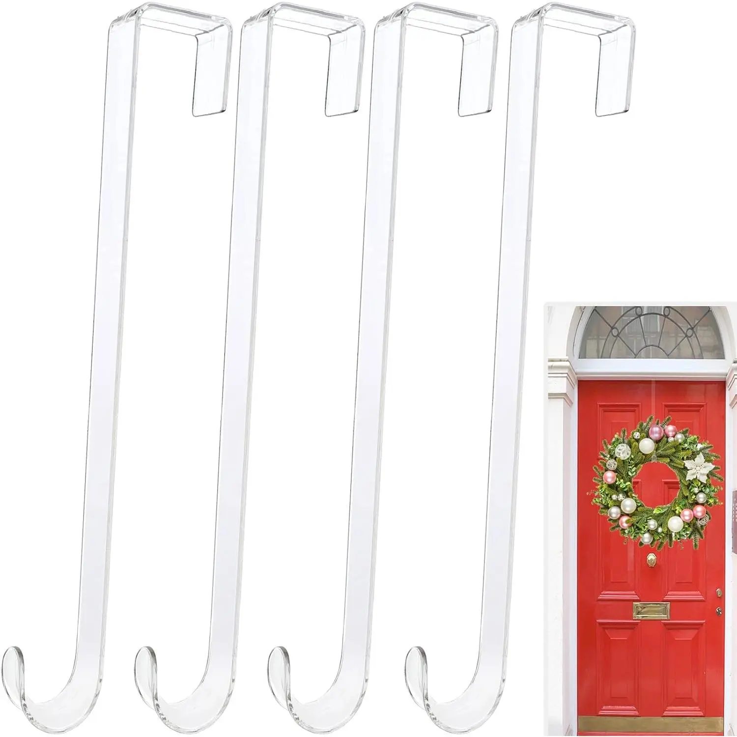 Wreath Hangers for Front Door,12 in Door Hanger Hook Clear Wreath Hanger,4 Pack Non Scratch Over the Door Hooks Fall Halloween Christmas Decorations Indoor Outdoor,Welcome Sign for Front Door Decor