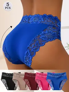 5 Pcs Women's Elegant Lace Trim Triangle Briefs, Breathable Mid-Waist Bikini Underwear, Casual All-Season Comfort, Smooth Fiber Material, Sheer Lace Panty, Soft Breathable Panty, Breathable Comfy Panty