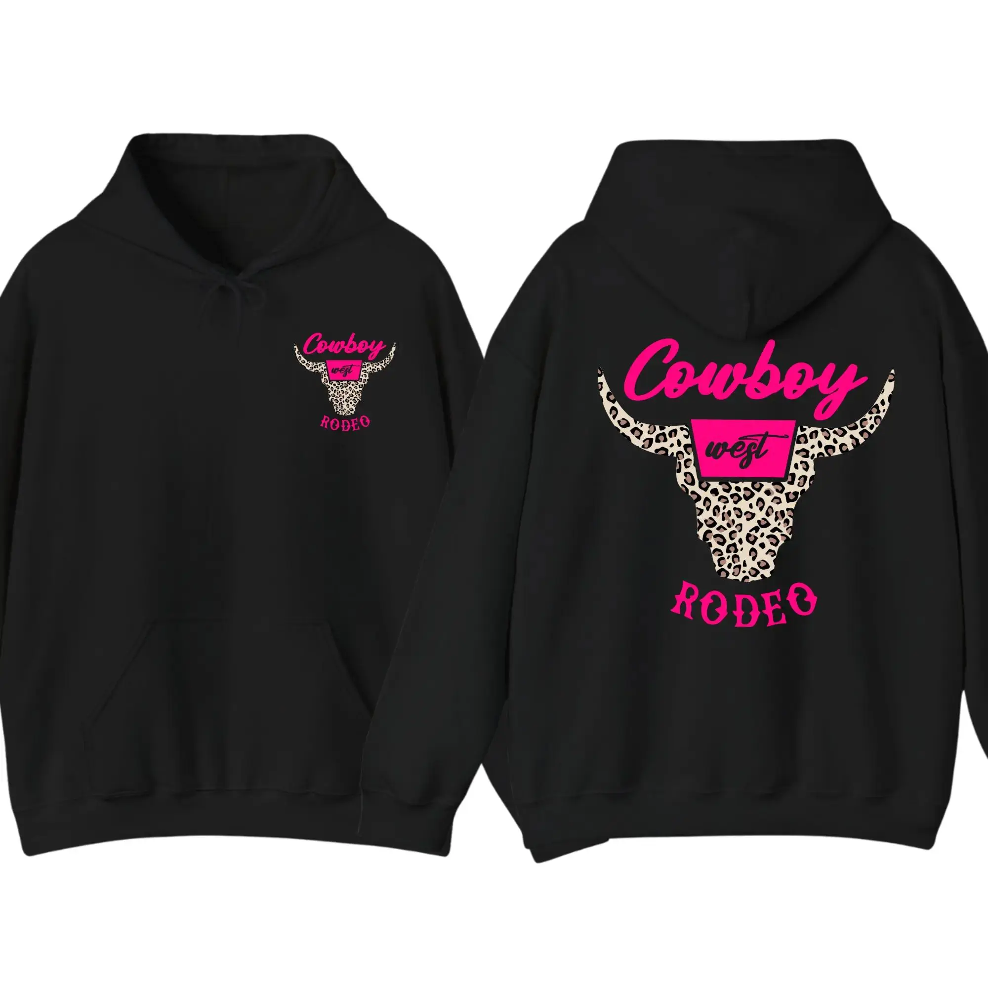 Men's Cowboy Rodeo Hoodie - Western Bull Skull Pink Leopard Graphic Pullover, Smooth Fabric Everyday Country Streetwear, Trendy T-Shirt-Inspired Sweatshirt