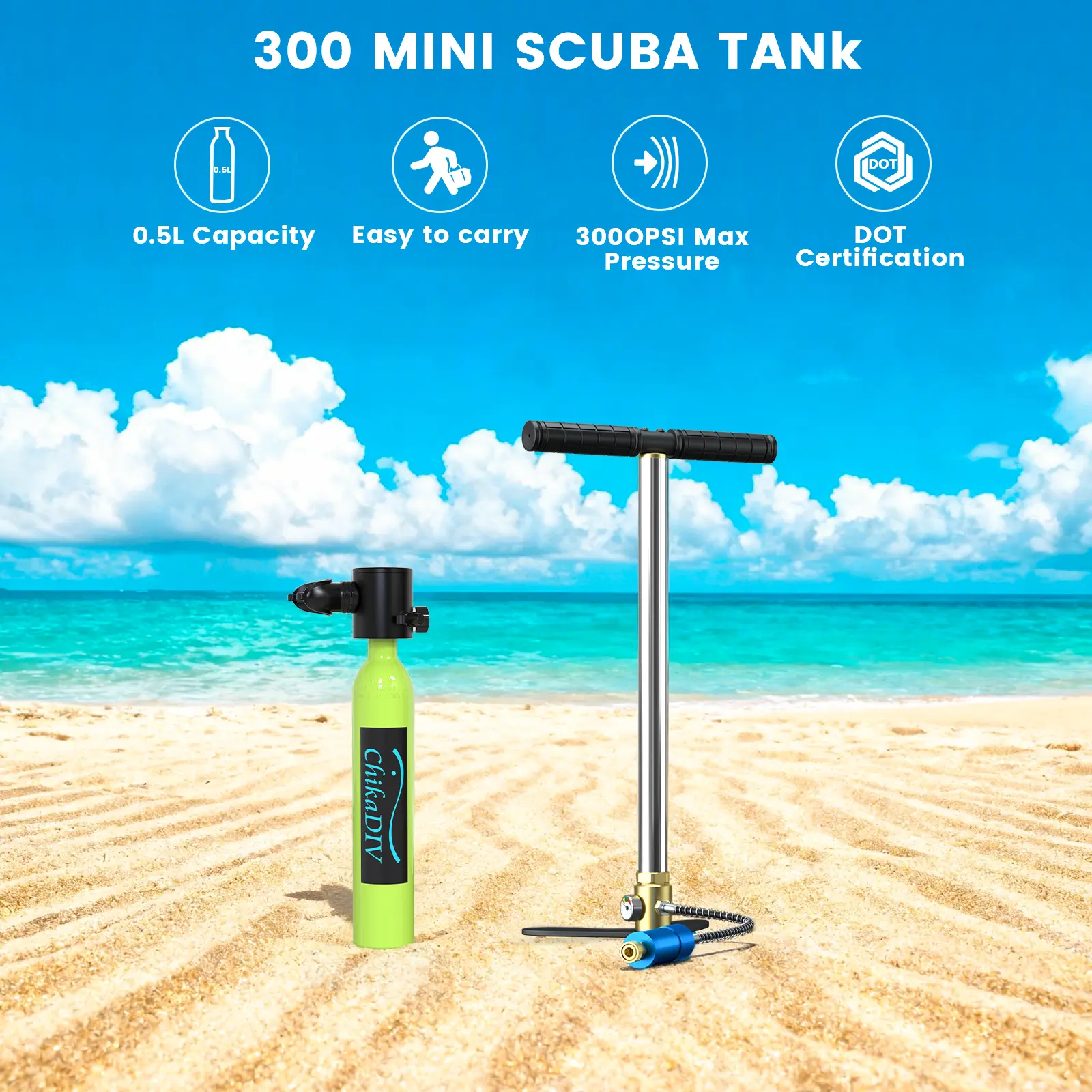 ChikaDIV 0.5L Mini Scuba Tank – A beginner-friendly snorkeling starter essential. Portable and refillable diving gear, ideal for pool practice and beach snorkeling. Designed to help beginners quickly begin their underwater exploration journey.