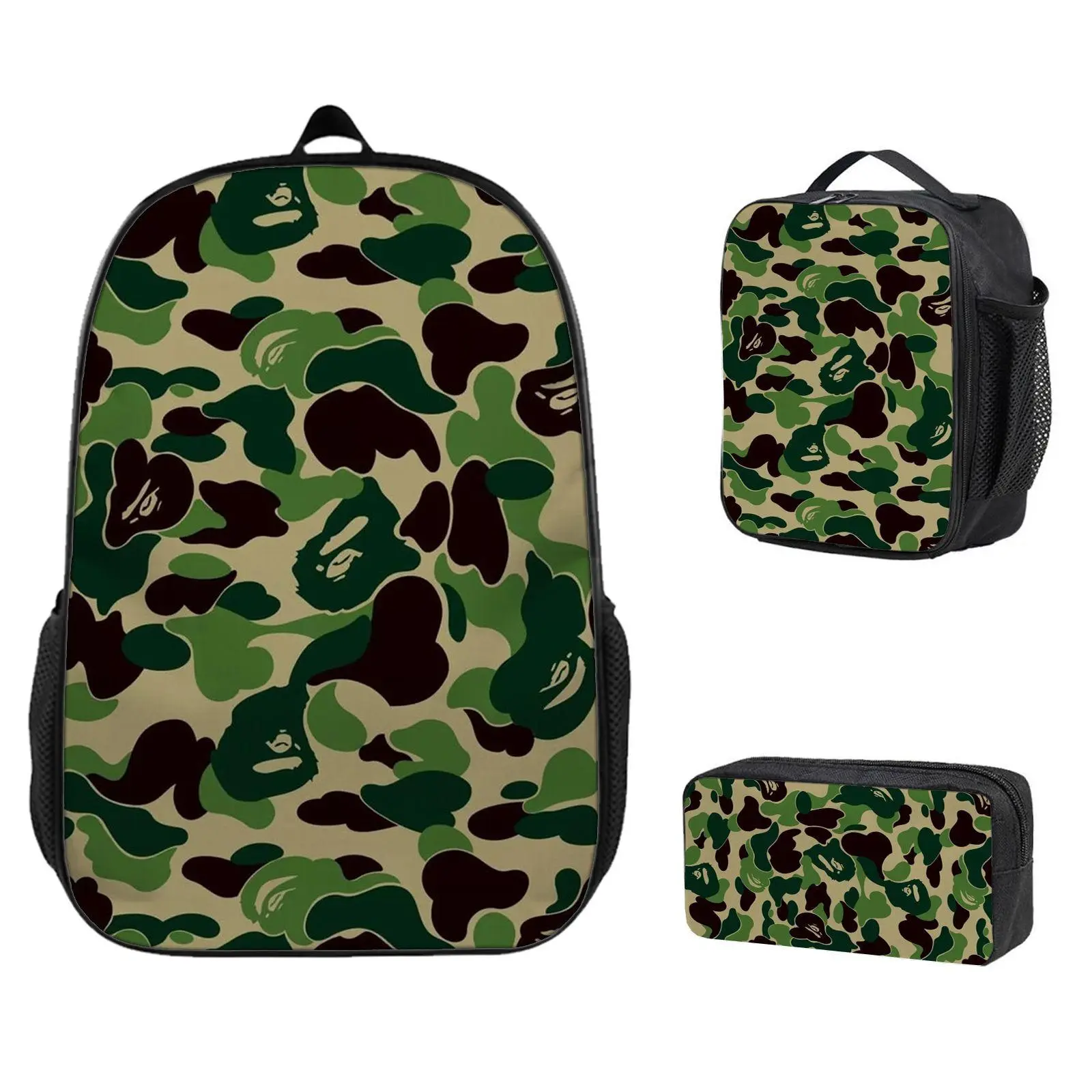 3-Piece Lightweight Casual Backpack Set - Insulated Meal Bag with Zipper, Pencil Case, Green Camo Print, Ape Head Pattern, Streetwear Fabrics, Anime Gift for School/Play Children