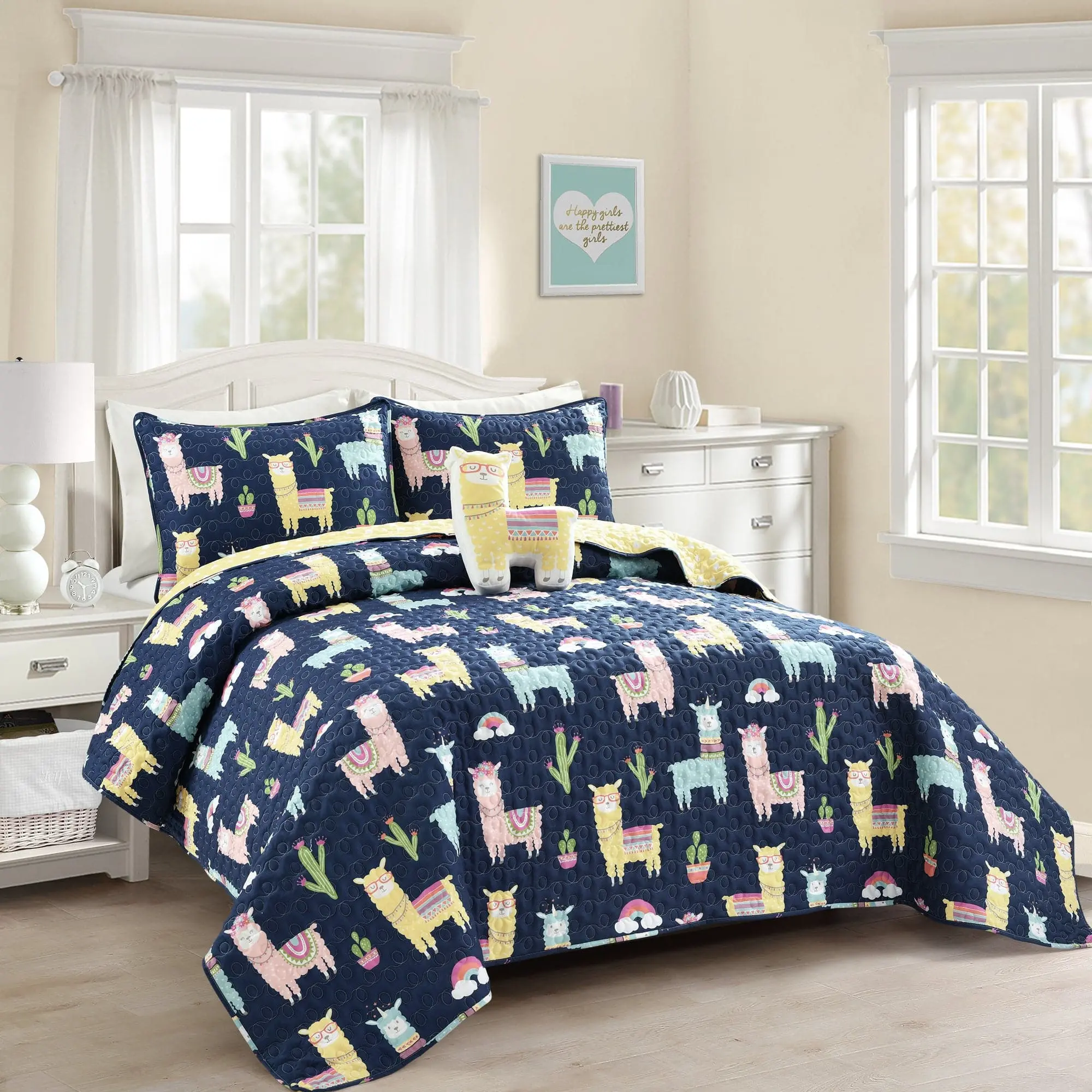 Lush Decor Southwest Llama-Cactus 3-Piece Reversible Quilt Set - All-Seasons, Machine-Wash Polyester Bedding Linens for Full/Queen, Twin Sizes