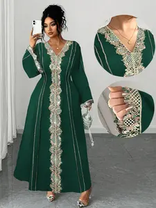 Elegant Plus Size Women's V-Neck Lace Dress, High-Quality Loose Fit Long Sleeve, Modest Style Arabian Dress, Modest Dresses Arabic Clothing, Perfect for Casual & Formal Occasions