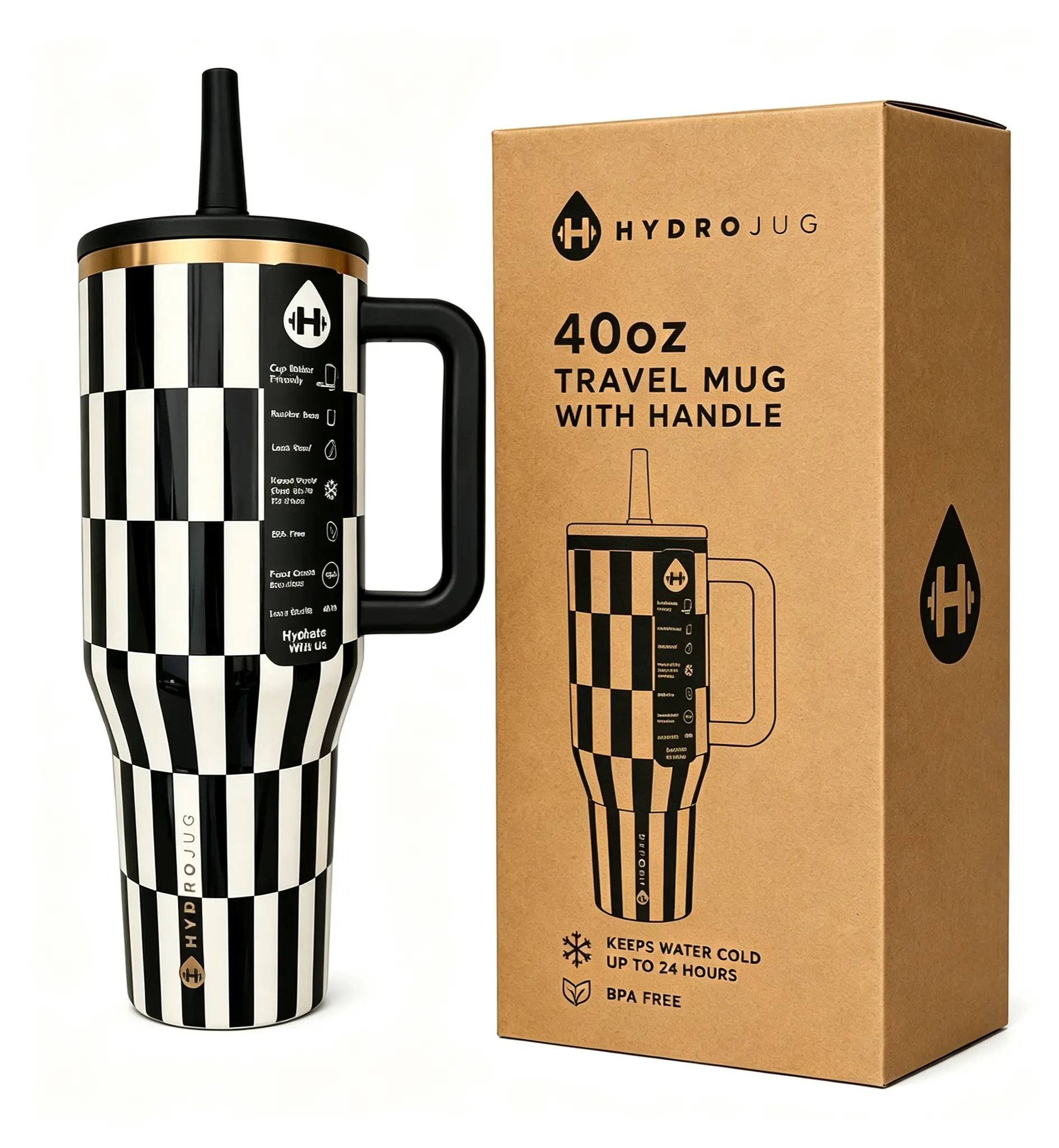 Hydrojug black tie 40oz Stainless Water Bottles ! A portable, insulated tumbler complete with a straw, featuring a leak-proof design and a non-slip rubber base. An ideal choice for dates, school, sports, travel, and outdoor adventures.