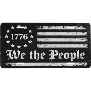 We The People Black White American Flag Front License Plate 6x12 – Patriotic Constitution Vanity Tag for Car Truck SUV – USA Metal Cover with 4 Holes