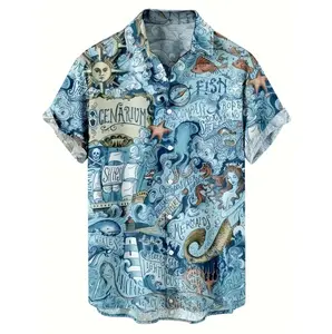 Men's Vintage Nautical Hawaiian Shirt, Retro Ocean Map Octopus Print Short Sleeve Button Down, Casual Beach Vacation Summer Top for Men