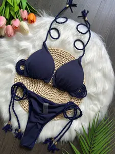 Two-Piece Set Women's Solid Halter Neck Bikini Set, Casual Fashion Swimsuit Set for Beach Holiday Vacation, Ladies Swimwear for All Seasons