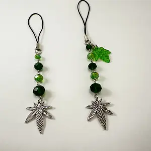 Leaf Phone Charm with Green Crystal Bead for Cannabis Culture Enthusiast Gift Accessories - Smartphone Mobile