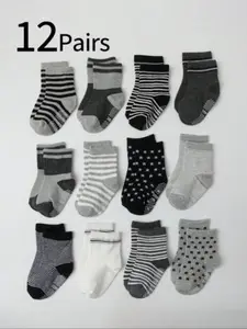 12 Pairs Kids Striped Star Mid-Calf Socks, Indoor Cooling Floor Socks, Sports Socks, Anti-Slip Silicone Design, Ages 1-12