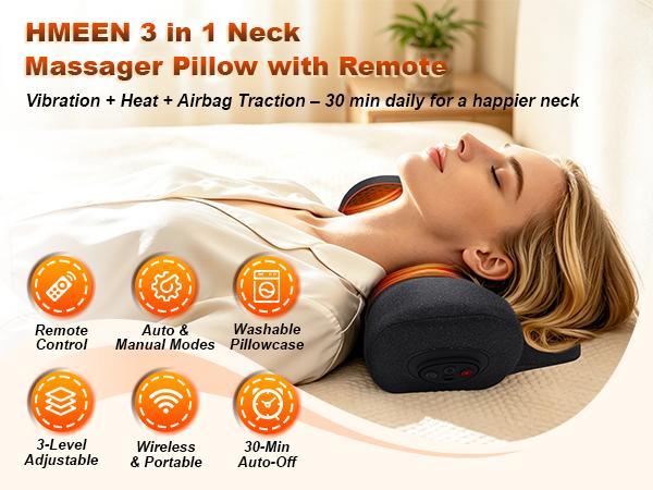 3-in-1 Multi-Function Rechargeable Remote-Controlled Heated Memory Foam Neck Traction Pillow - 2500mAh, Vibration Massage, Airbag Traction for Pain Relief, Travel Comfort, Neck Support (Personal Care Massage Device)