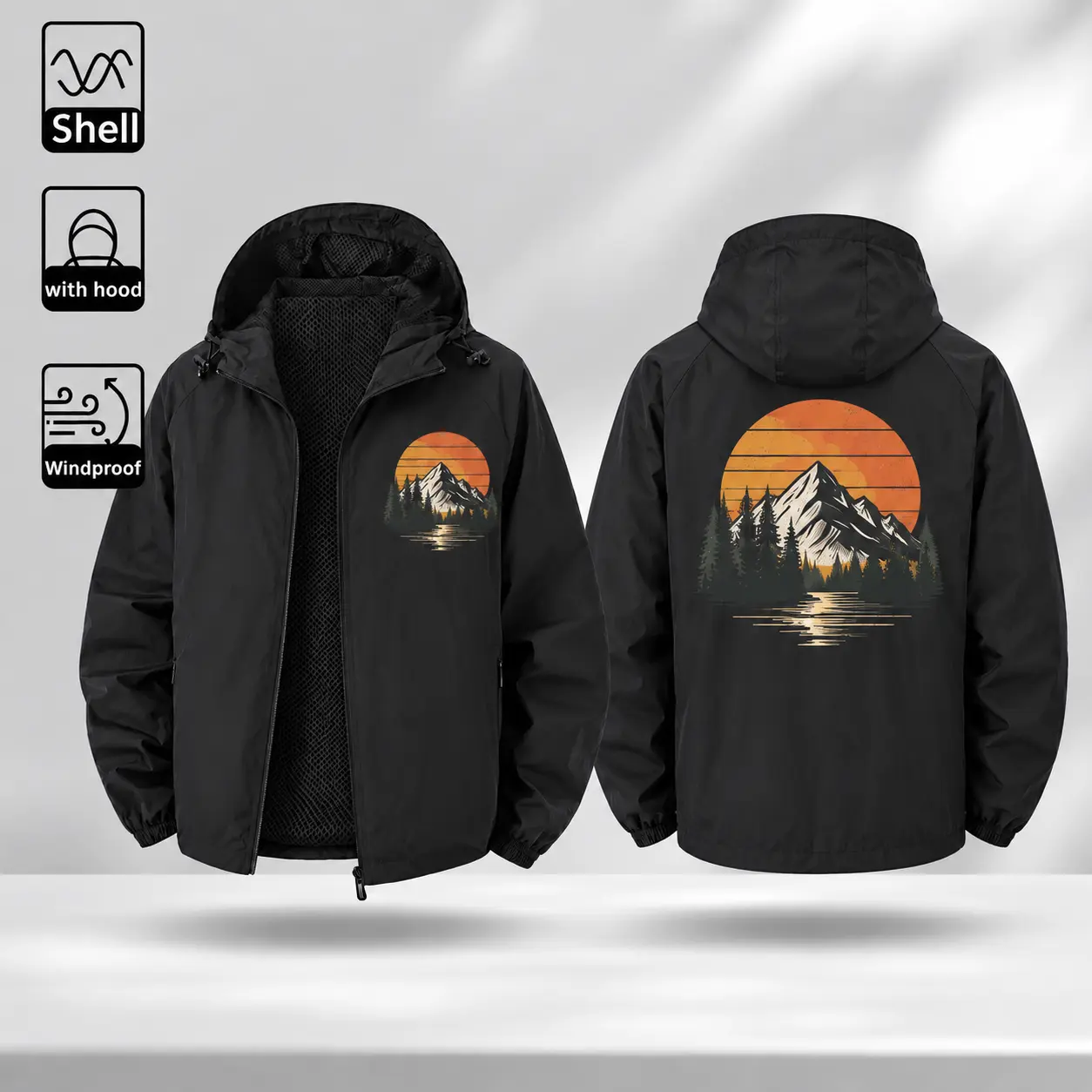 Mountain Graphic Windbreaker Jacket, Hooded Zip-Up Shell with Sunset Forest Front and Back Print, Retro Casual Outerwear