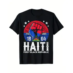 Haiti First Black Republic 1804 Revolution Graphic T-Shirt - 100% Cotton Unisex Short Sleeve Tee with Raised Fist & Haitian Flag Design, Regular Fit Casual Shirt for Men & Women, Parties, Festivals, Cultural Pride Apparel, Haitian T Shirt,