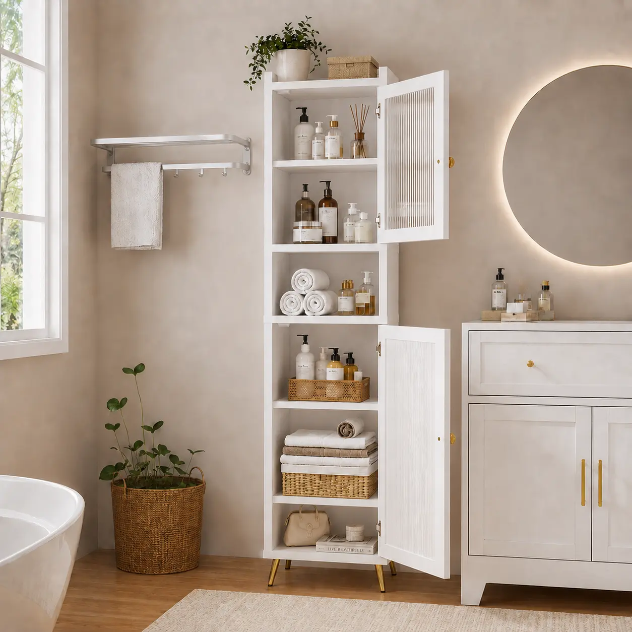 [Spring Cleaning]RaybeeFurniture 69" Tall Bathroom Storage Cabinet with 2 Doors, 6 Tier Freestanding Linen Cabinet, Modern Toilet Rack, Adjustable Shelves & Metal Base, Anti-Tip Narrow Storage Tower for Bathroom, Living Room, Entryway, Laundry Organizer