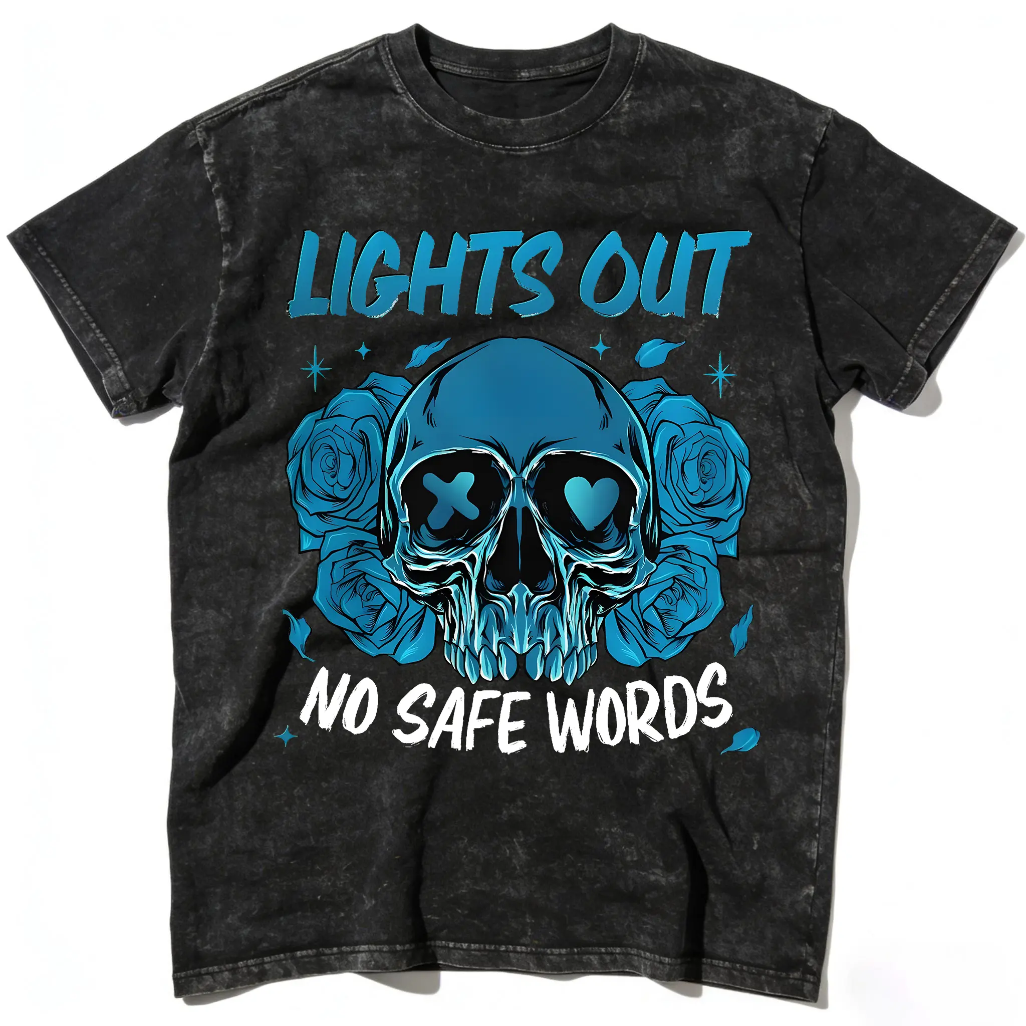 Women's Vintage Washed Short-Sleeve Graphic Print Dark Romance T-Shirt - Casual Everyday Streetwear 'Lights Out' Book Lover Sports Top, Shortsleeve