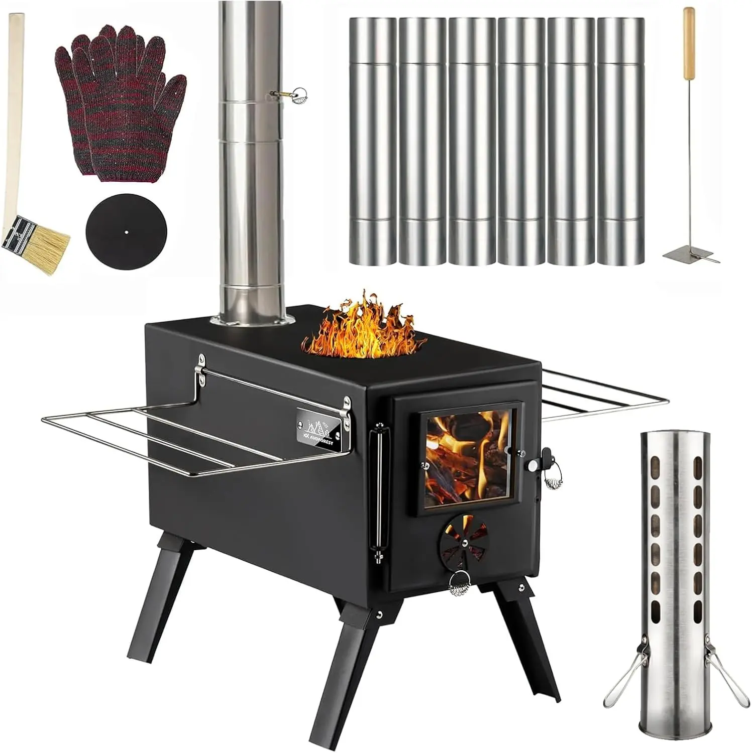 AVOFOREST Hot Tent Stove with 7 Stainless Chimney Pipes for Outdoor Heating & Cooking, Small Wood Stove for Ice Fishing & Hunting