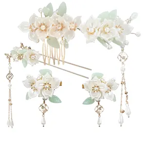 5 PCS Camellia Flower Tassels Hairpin, Crystal Rhinestone Pearl Hair Clips Headpiece Retro Chinese Hanfu Wedding Brides Hair Accessories Korean Jewelry for Women Girls Updo Long Hair