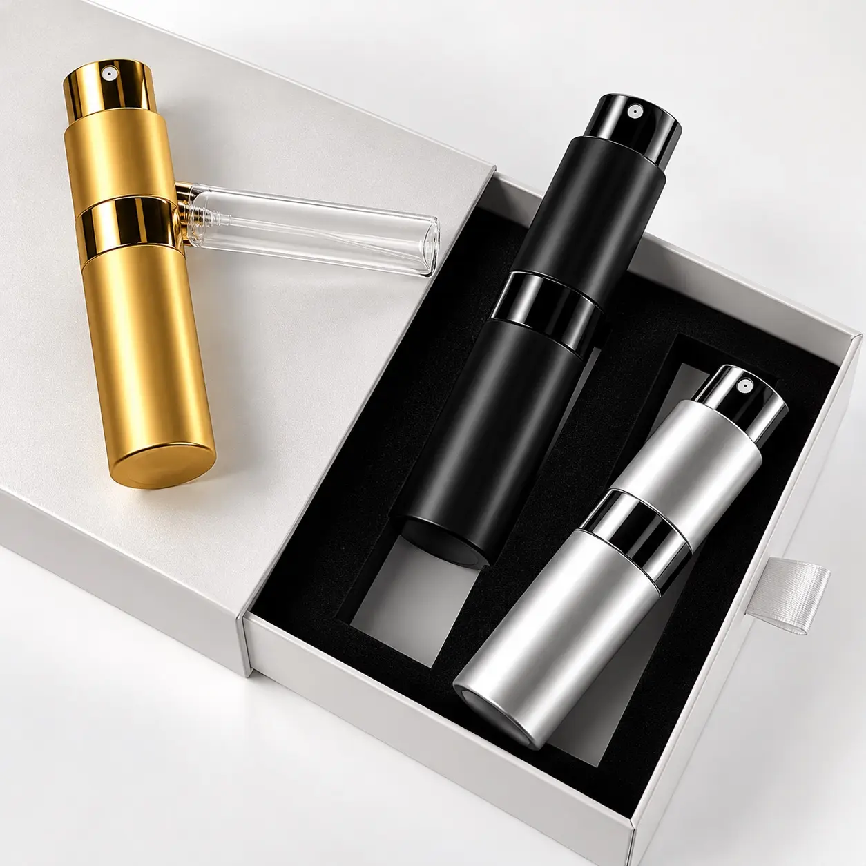 Twist-Up Travel Cologne Atomizer Gift Set – 3 Pack (Black, Silver, Gold) in Gift Box, Refillable Perfume Spray Bottles with Refill Tool, 8ml