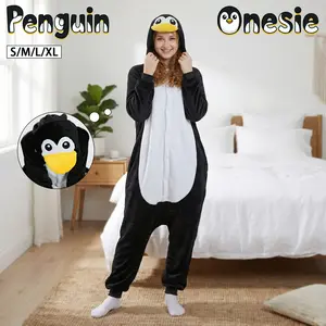 Adorable Penguin Flannel Onesie for Adults, Soft Plush Cartoon Animal Sleepwear with Penguin Head Hat, Perfect for Home, Family Gatherings, Birthday Gifts