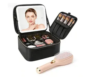 Smart LED Makeup Bag with Mirror — 3-Color Lights & Waterproof Train Case, Detachable Compartments & Adjustable Dividers for Brushes, Portable Travel Cosmetic Organizer