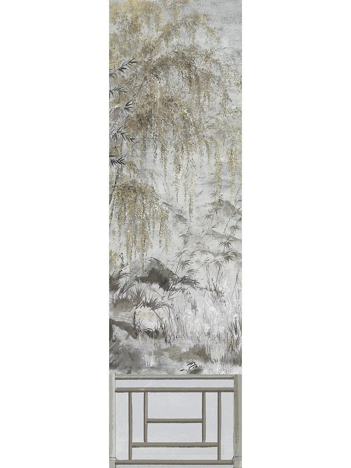 Crested Crane Silver Gold Grasscloth Mural Wallpaper, Panel 2