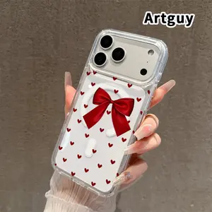 Transparent Magnetic Phone Case for iPhone 17 16  Pro Max Plus 15 14 13 12 11 Air E Heart -Bow Symphony  Pattern Acrylic Back Soft Edge Anti-Slip Hard Shell