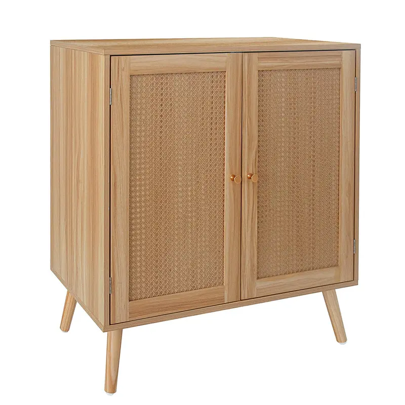 Beige/Khaki 2 Rattan Deco Door Buffet Cabinet with Storage, Sideboard Cabinet Kitchen Storage Cabinet with Adjustable Shelves and Wood Feet, Buffet Cabinet for Hallway, Entry, Living Room