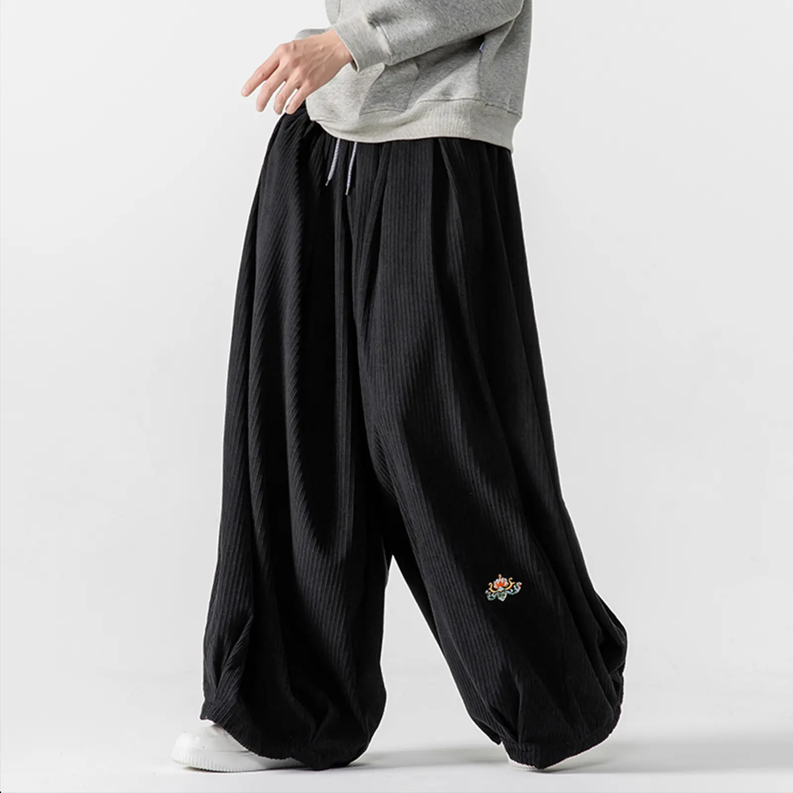 GURUNVANI Men's Corduroy Casual Pants - Loose Fit, Elastic Drawstring, Stylish Baggy Wide Leg, Floral Embroidery Streetwear Bottoms, Simple