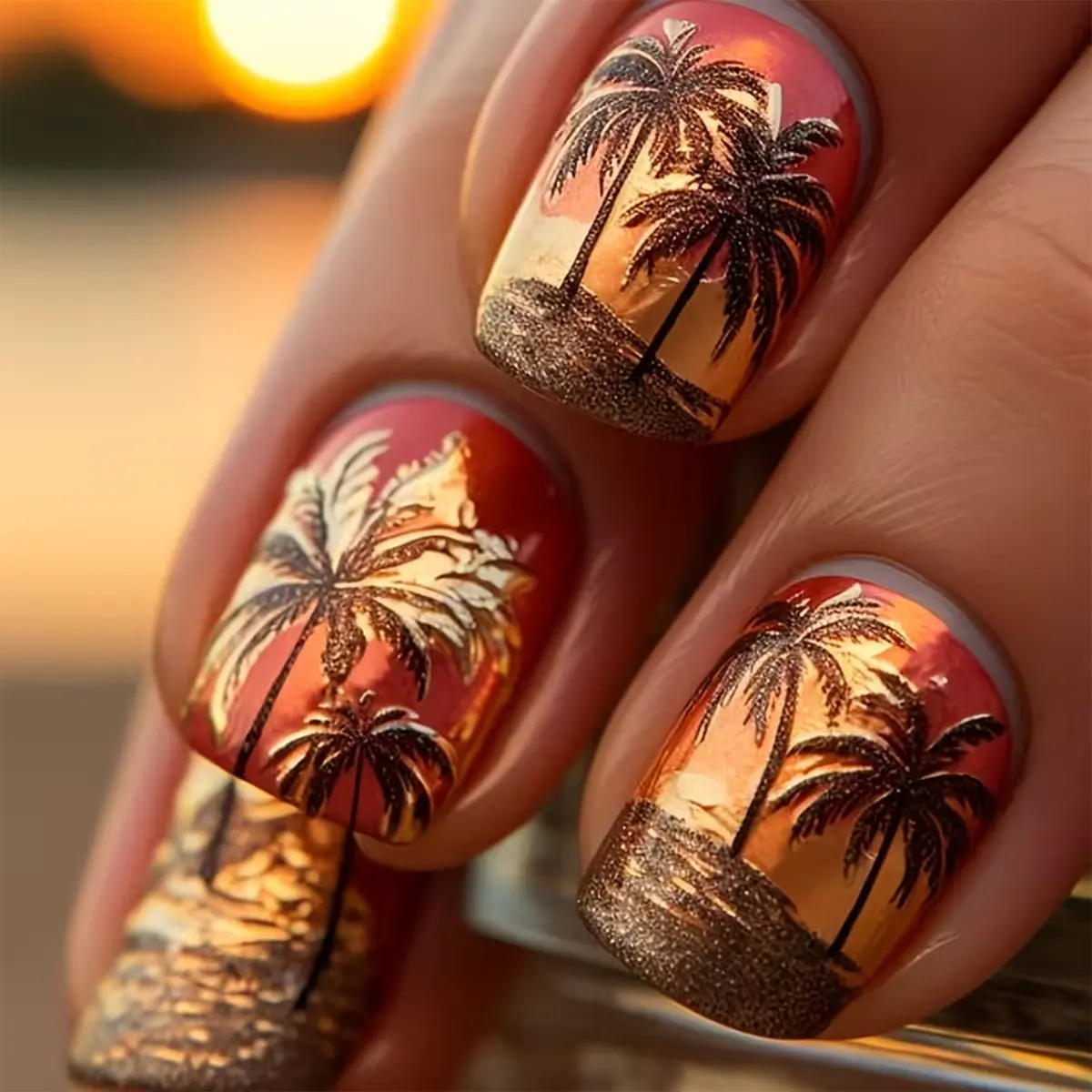 Short Square fake nails for women gradient golden brown yellow blue ocean beach tree for summer reusable press on false nails