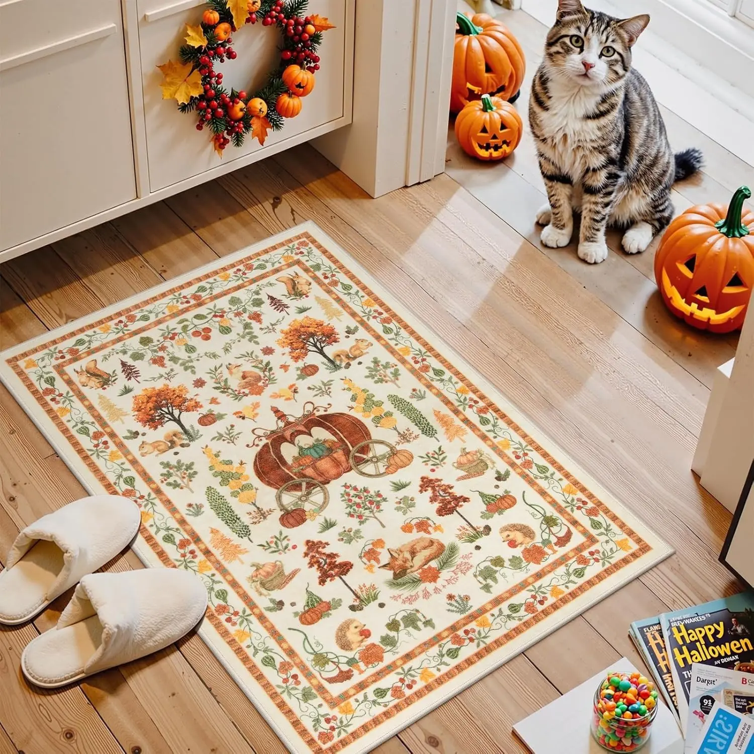 Doormat, Thanksgiving carpet, entrance carpet, autumn harvest festival decorative floor mat, autumn pumpkin animal theme area carpet, non-slip soft home decoration, suitable for entrance area, living room bedroom, kitchen, laundry room, bathroom and other