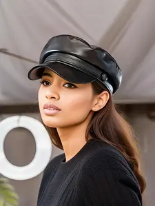 Unisex Simple Style Plain Color Beret, Casual Trendy Pu Leather Newsboy Hat, Fashionable Hat for Daily & Party Decoration, Leather Patch Hat