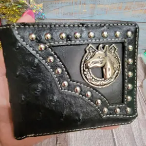 Horse Western wallet Ostrich pattern short bi-fold concho and studded faux leather with religious theme wallet.