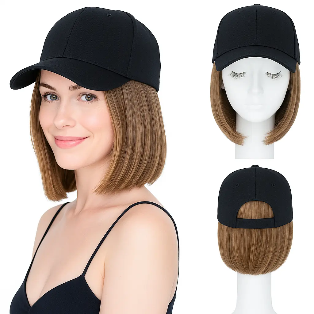 Women's 6" Short Straight Glueless Synthetic Fiber Fashion Wig, Baseball Cap Attached Synthetic Wig for Fashion Accessory Use, Synthetic Fiber Wigs