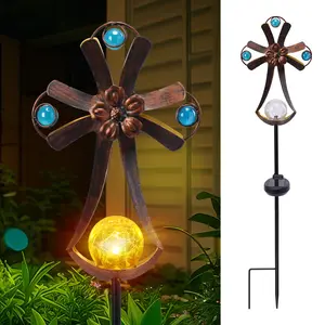 Outdoor Solar Garden Stake,Solar Cross Stake,Crackle Glass Ball With LED Light,Religious,Metal Outdoor Decoration for Garden Yard Outdoors vidrio  craquelado  con  luz  led solar lights outdoor