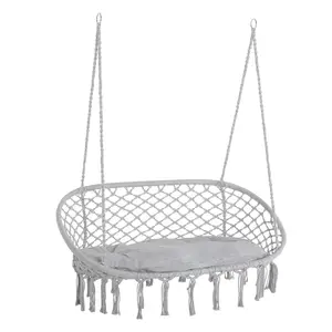 Elegant Handmade Cotton Rope Hanging Chair With Tassel Fringe Hollow Mesh Good Ventilation Lightweight Easy To Install Move And Store For Daily Leisure Time
