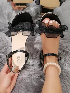 Women's Summer Open Toe Mesh Ruffle Block Heel Sandals, One Buckle Mid Heel Shoes