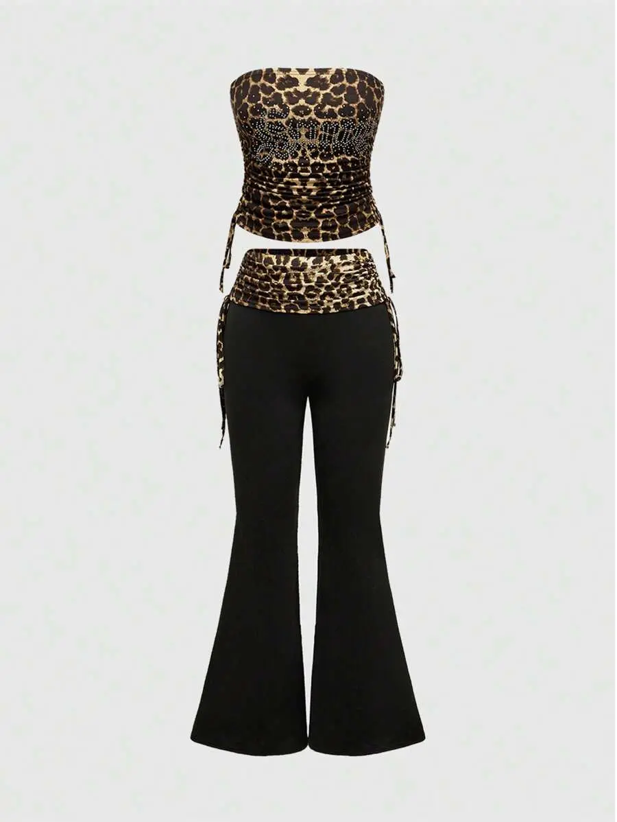 Spring/Summer/Fall 2pcs/Set Women Letter Print Rhinestone Leopard Pattern Side Drawstring Tube Top And Flare Pants, Sexy Outfit