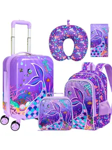 5Pcs Kids Luggage Set with Sparkly Purple Mermaid Tail Print | Wheels + Sequin Backpack + Lunch Bag + Neck Pillow + Pencil Case | Underwater Ocean Themed Travel Trolley Set for Girls, School & Vacation Trip