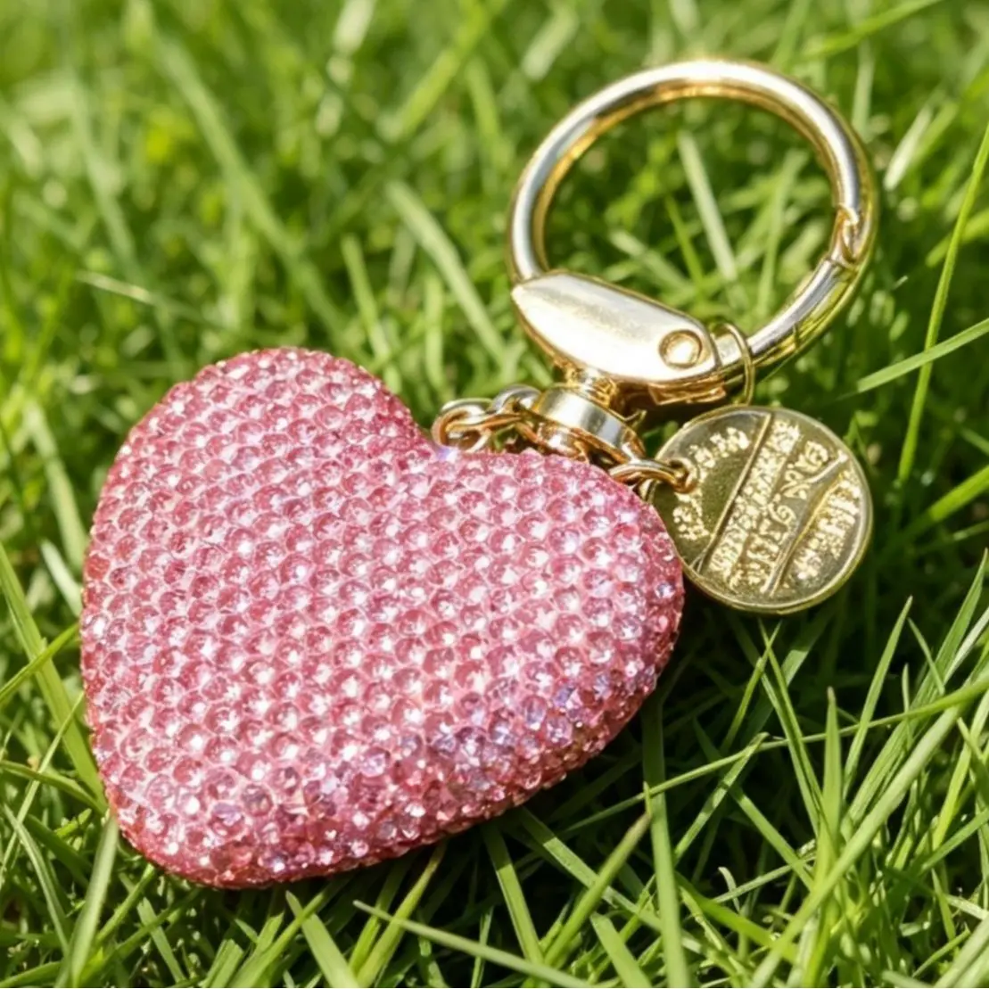 Sparkling Pink Full Rhinestone Heart Keyring, Glitter Crystal Heart Bag Charm, Gold Hardware Lobster Clasp Key Chain, Aesthetic Bling Accessory Gift