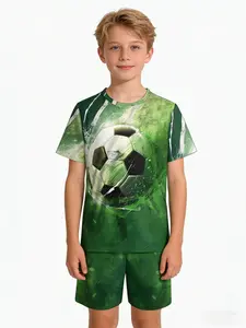 Boys' Dynamic Football Print Track Shorts, Ink Flame Texture, Casual Summer, All over Print, Suitable for Parties and School