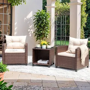 3 Pieces Outdoor Rattan Furniture Set, Patio Conversation Chair with Removable Cushion & Square Coffee Table, All Weather Wicker Bistro Set for Garden, Backyard, Lawn, Poolside, Balcony, Porch, Beige