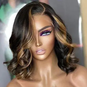 Blonde Highlight 1B/30 Short Body Wave Lace Front Wigs Blonde Highlight Lace Frontal Human Hair 180 Density Pre Plucked with Baby Hair Body Wave Bob Wig Human Hair 13x4 Short Body Wave Highlight Lace Front Bob Wig