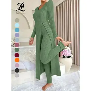 2026 Women’s Elegant Two-Piece Set, Solid Color Split Design, Cozy Longline Top & Pants, Perfect for Everyday Outdoor Wear