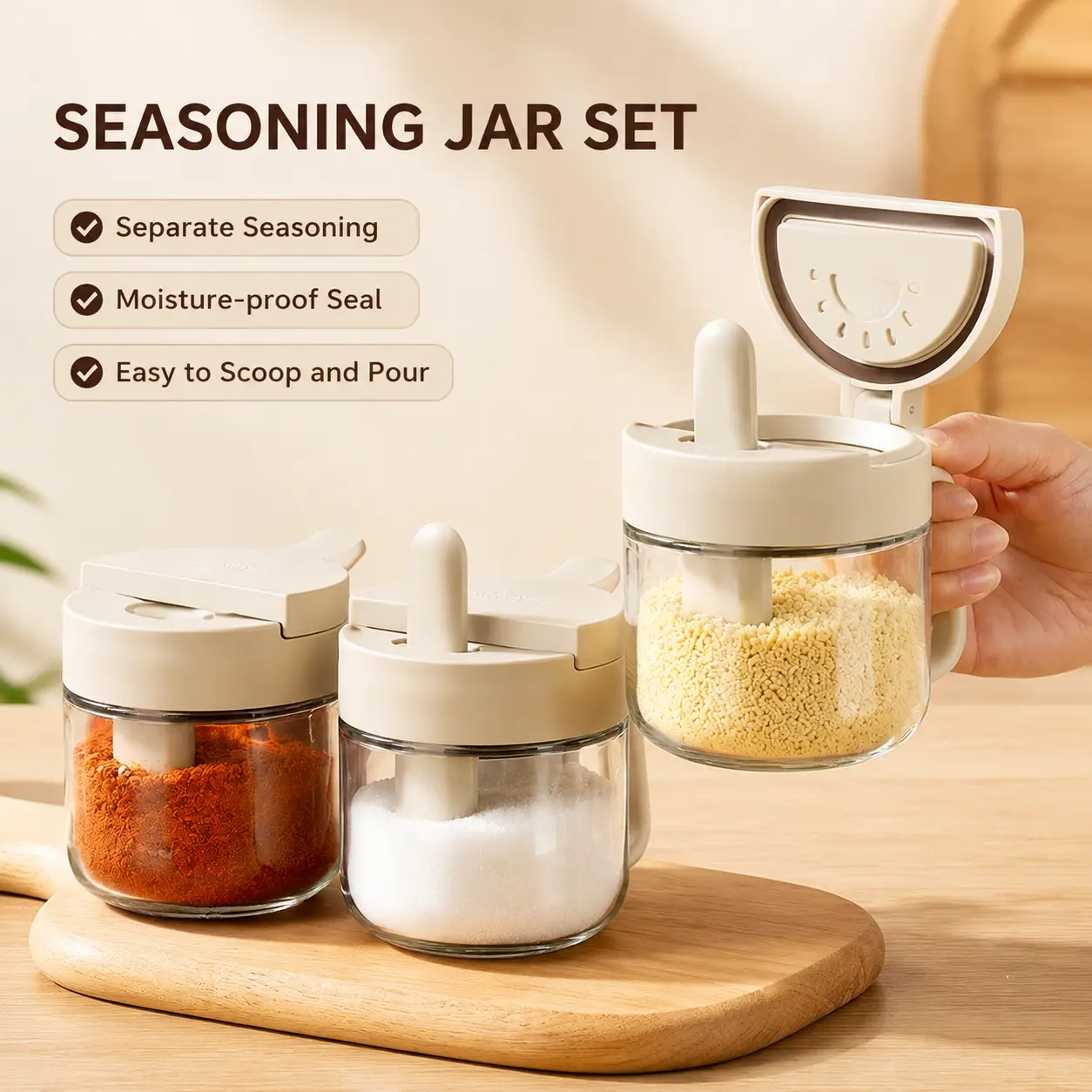 380ml Large Caliber Glass Seasoning Jar with Attached Separated Spoon - Sealed Moisture-Proof Flip-Top Kitchen Utensils Canister with Lid, Silicone Waterproof, Reusable for Spice Storage, Easy to Scoop/Pour, Fits Full Standard Pack of Salt