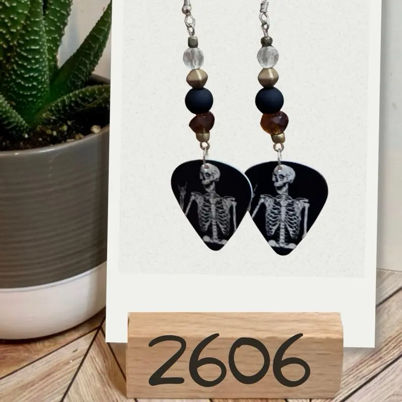 Skeleton Guitar Pick & Bead Dangle Earrings   - 2606
