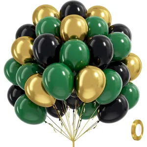 60pcs Green and Black balloons 12inch with Dark Green Metallic Gold Balloons for Jungle Safari Birthday Party Decorations