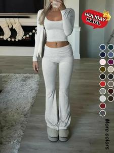 women's solid color square neckline long sleeve crop tee & flared pants two-piece set, casual fashion cozy two piece outfits for daily outdoor wear, women clothes for fall & winter, outfit sets for women, outfit sets for women